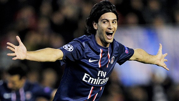 Javier Pastore celebrates after putting PSG two up at Valencia