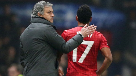 Jose Mourinho consoles Nani as he is sent from the pitch