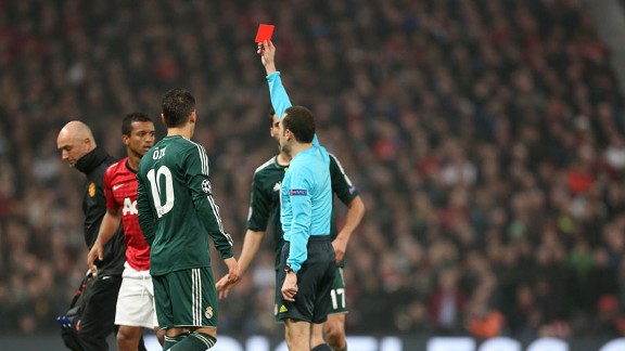 Nani is shown a red card against Real Madrid