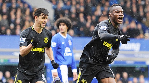 Maynor Figueroa celebrates after heading Wigan into the lead at Everton