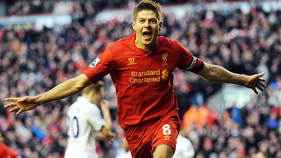 Steven Gerrard celebrates his late spot-kick winner for Liverpool against Spurs