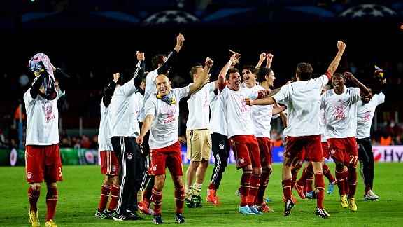 Bayern Munich celebrate after steamrollering Barcelona to book a place in the Champions League final against Borussia Dortmund