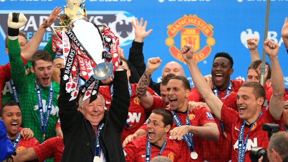 Sir Alex Ferguson celebrates his final Premier League title win with Manchester United