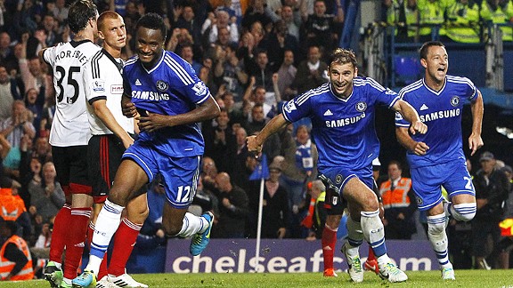 Chelsea celebrate after John Obi Mikel scored his first-ever Premier League goal.