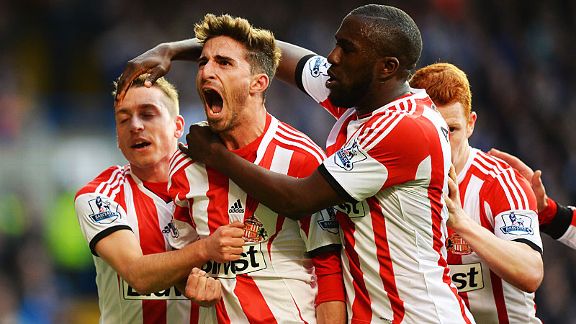 Liverpool loanee Fabio Borini celebrates after putting Sunderland in front against his former club Chelsea at Stamford Bridge.