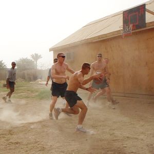 American Infantrymen play basketball in Iraq.
