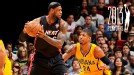 LeBron James #6 of the Miami Heat controls the ball against Paul George #24 of the Indiana Pacers on March 10, 2013 at American Airlines Arena in Miami, Florida. w/ Grantland NBA Playoffs Logo